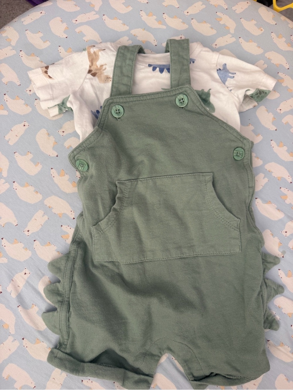 Carter's Sage Green Dinosaur-Trim Overalls